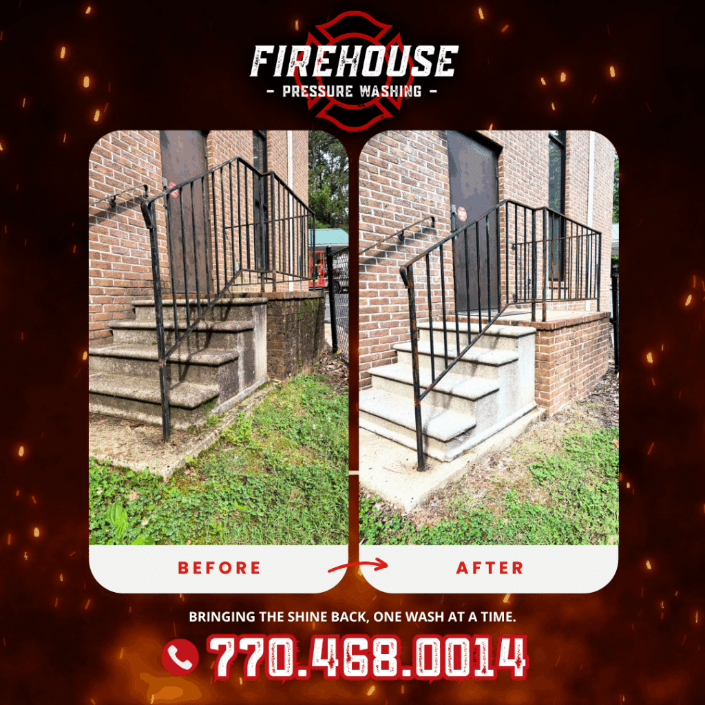 Before and after of concrete stairs and brick wall cleaned by Firehouse Pressure Washing Georgia