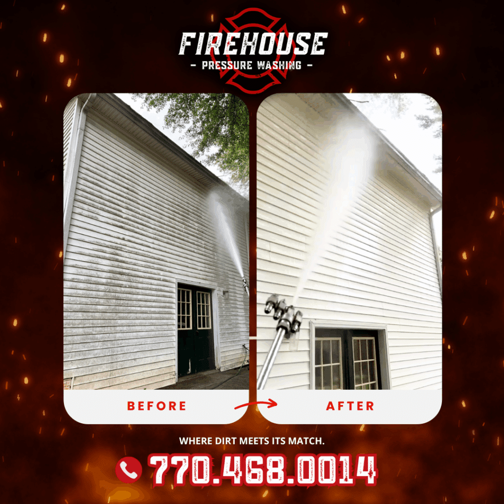 Firehouse Pressure Washing Georgia cleaning home siding with soft wash technique – before and after