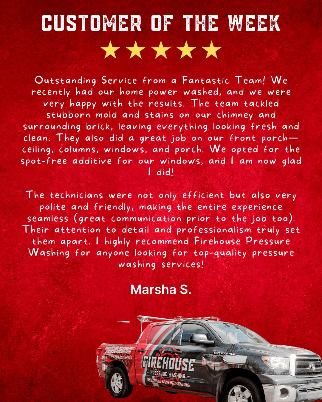 firehouse pressure washing Fayette County GA customer review Marsha S testimonial