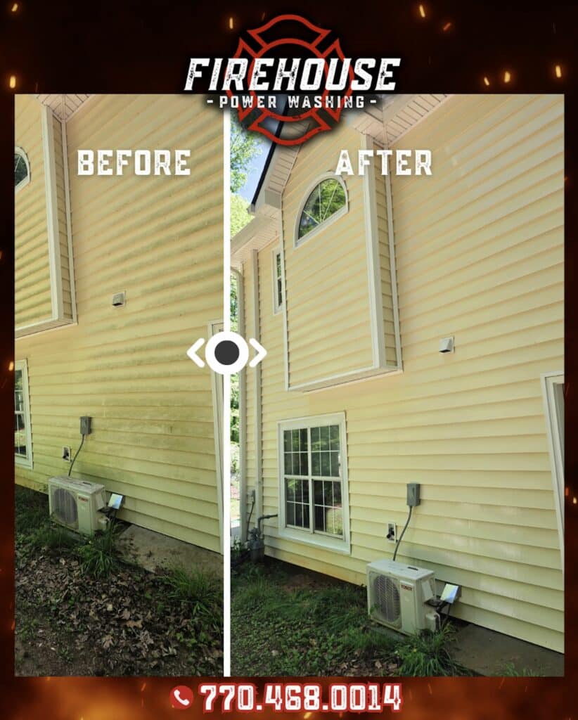 Soft wash house cleaning removing algae and mold from home siding in Peachtree City Georgia by Firehouse Power Washing
