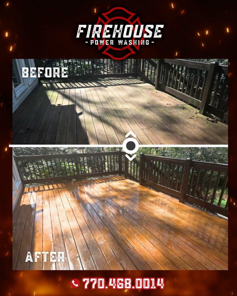 Deck cleaning and soft washing restoring wood patio surface in Fayette County Georgia by Firehouse Power Washing
