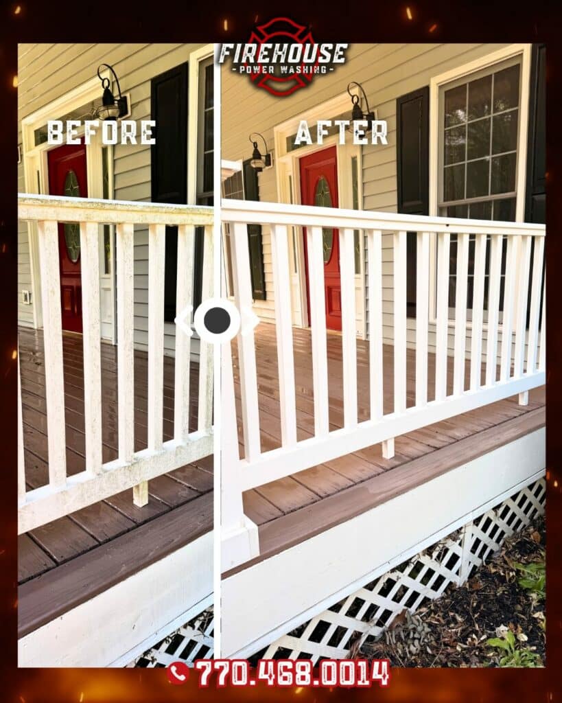 Fence soft wash cleaning removing green algae and weathering from wood fence in Newnan Georgia