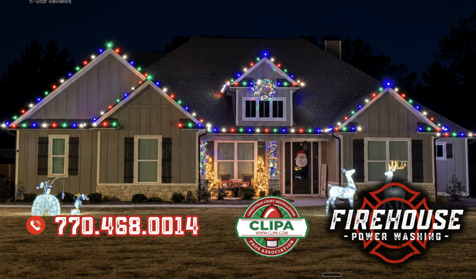 Firehouse crew installing Christmas lights on a roofline in Peachtree City, GA