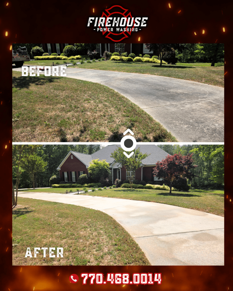 Driveway and front walk of a Newnan home before and after pressure washing