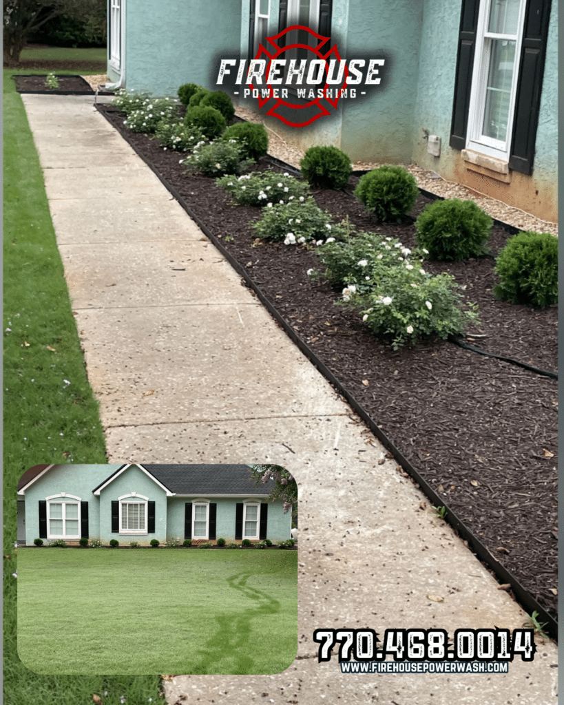 Light green textured exterior of a Newnan home before and after a soft wash