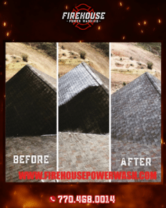 North-facing roof in The Gates, Peachtree City, before and after a no-pressure roof treatment