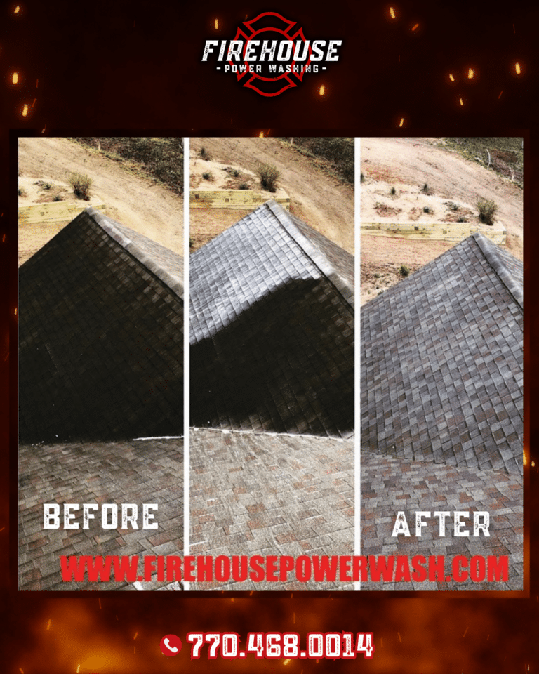 North-facing roof in The Gates, Peachtree City, before and after a no-pressure roof treatment