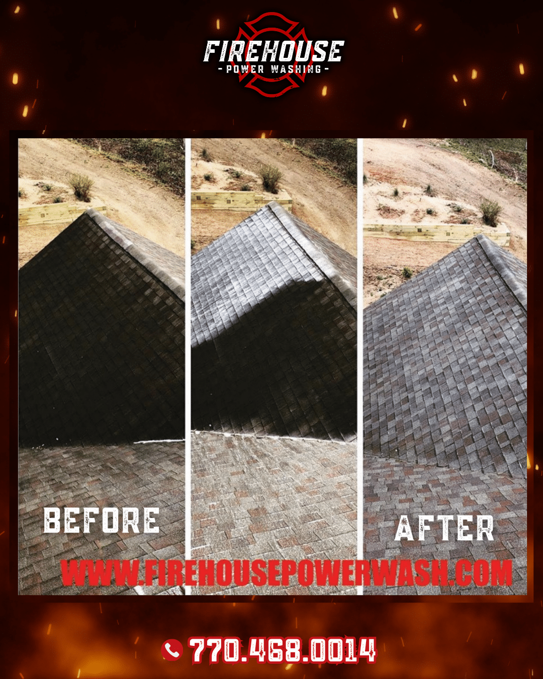 North-facing roof in The Gates, Peachtree City, before and after a no-pressure roof treatment